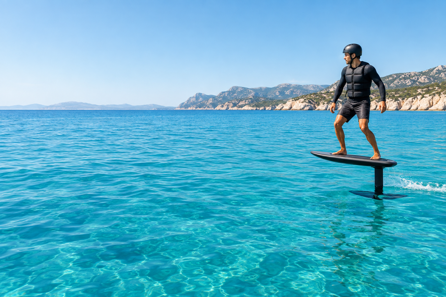 Concept scene of a rider above clear blue coastal water